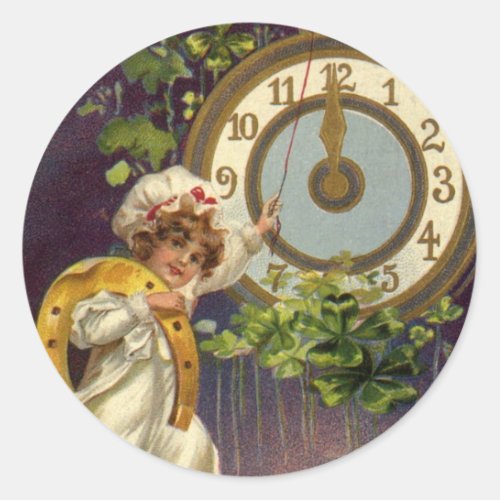 Vintage New Years Eve Irish Lass Clock at Midnight Classic Round Sticker