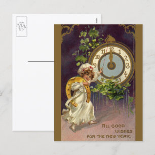 Vintage New Years Eve Irish Lass Clock at Midnight Holiday Postcard