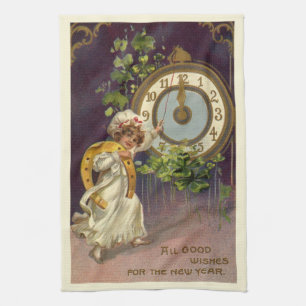 Vintage New Years Eve Irish Lass Clock at Midnight Kitchen Towel