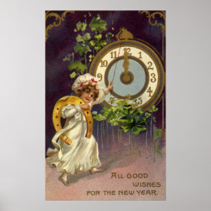 Vintage New Years Eve Irish Lass Clock at Midnight Poster