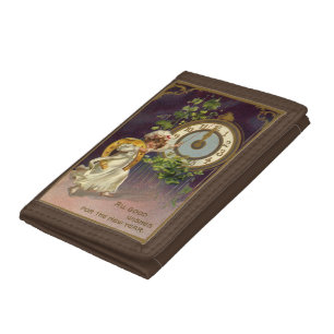 Vintage New Years Eve Irish Lass Clock at Midnight Tri-fold Wallet