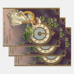 Vintage New Years Eve Irish Lass Clock at Midnight Wrapping Paper Sheets