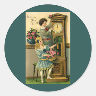 Vintage New Years Eve Victorian Children and Clock Classic Round Sticker
