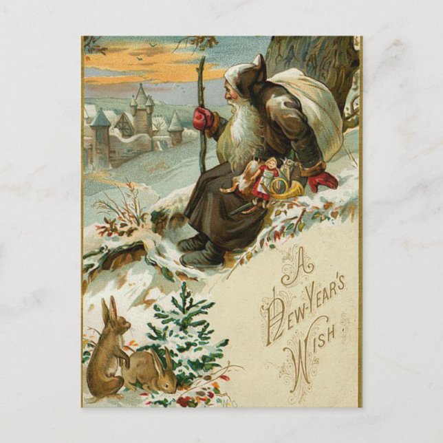 Vintage New Years Santa Holiday Postcard (Front)