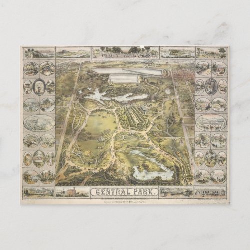 Vintage New York City Central Park Map 1863 Postcard