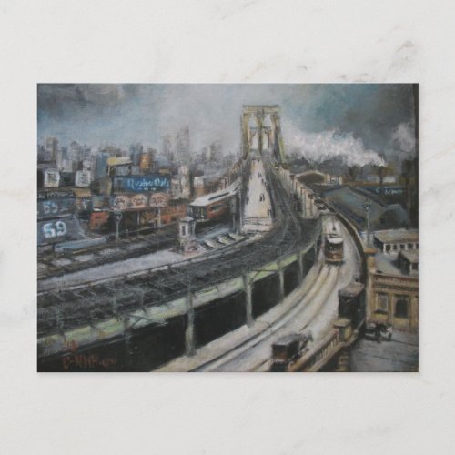 Vintage New York City Painting Brooklyn Bridge Postcard