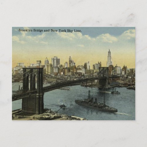 Vintage New York City Skyline and Brooklyn Bridge Postcard