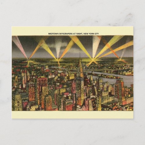 Vintage New York City Skyscrapers Night Post Card