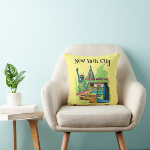 Vintage New York City statue of liberty Travel art Throw Pillow