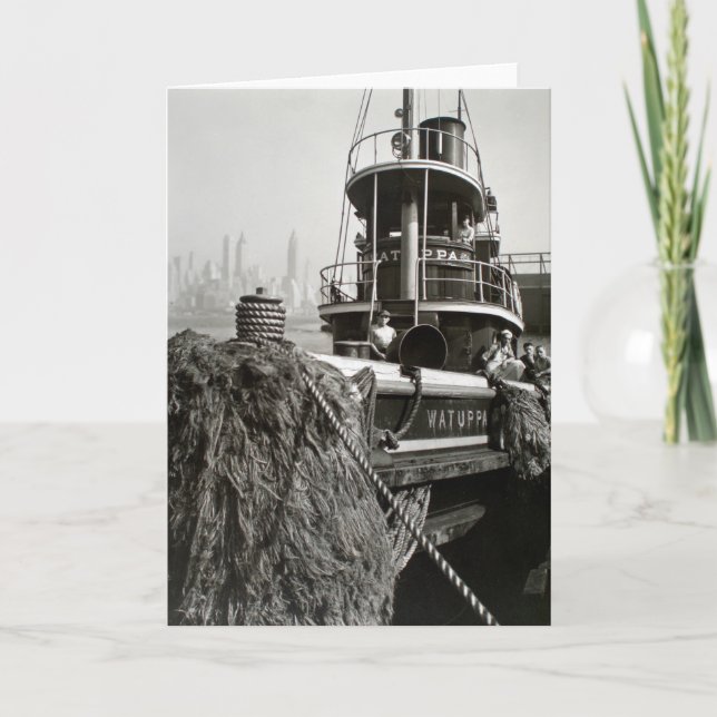 Vintage New York City Waterfront Tugboat Card (Front)