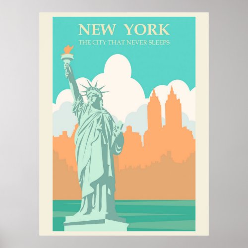 Vintage New York Lady Liberty Illustration Travel Poster