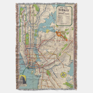 Vintage New York Subway Map Throw Blanket