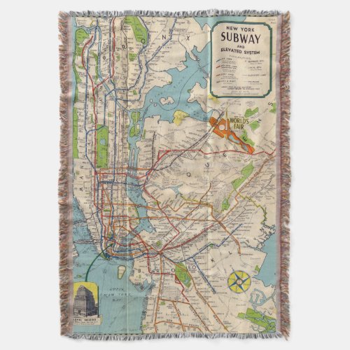 Vintage New York Subway Map Throw Blanket
