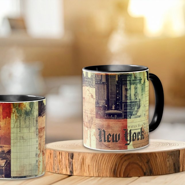 Vintage New York Urban Collage Art Mug (Vintage New York collage mug with sepia tones, aged textures, and timeless city nostalgia.)