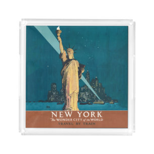Vintage New York Wonder City Statue of Liberty Art Acrylic Tray
