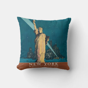 Vintage New York Wonder City Statue of Liberty Art Throw Pillow