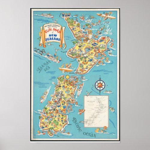 Vintage New Zealand Fun Map South Island Poster