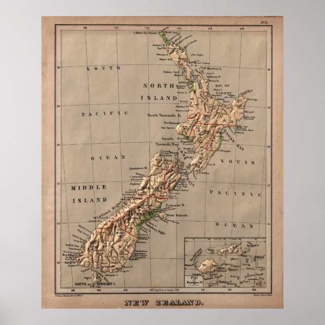 Vintage New Zealand Physical Map (1880) Poster (Front)