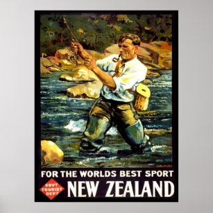 Vintage New Zealand Sports Fishing Travel Poster
