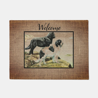 Vintage Newfies in burlap - welcome Doormat