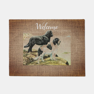 Vintage Newfoundland dogs in burlap - welcome Doormat