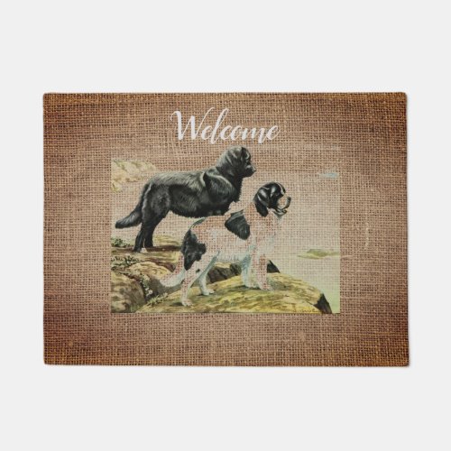 Vintage Newfoundland dogs  in burlap  _ welcome Doormat