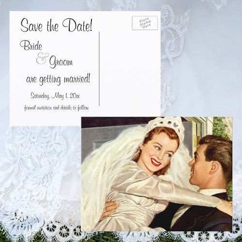 Vintage Newlywed Bride Groom Wedding Save the Date Announcement Postcard