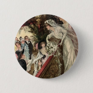 Vintage Newlyweds, Victorian Bride Tossing Bouquet Button