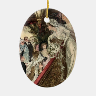 Vintage Newlyweds, Victorian Bride Tossing Bouquet Ceramic Ornament