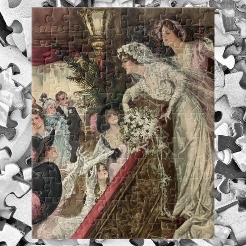 Vintage Newlyweds Victorian Bride Tossing Bouquet Jigsaw Puzzle