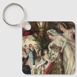 Vintage Newlyweds, Victorian Bride Tossing Bouquet Keychain