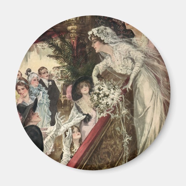 Vintage Newlyweds, Victorian Bride Tossing Bouquet Magnet (Front)