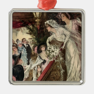 Vintage Newlyweds, Victorian Bride Tossing Bouquet Metal Ornament