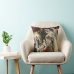 Vintage Newlyweds, Victorian Bride Tossing Bouquet Throw Pillow<br><div class="desc">Vintage illustration Victorian love and romance wedding image with the newly wed bride standing on a balcony about to toss her floral bouquet of flowers to her bridesmaids and other guests at their wedding reception. Her maid of honor is standing next to her.</div>