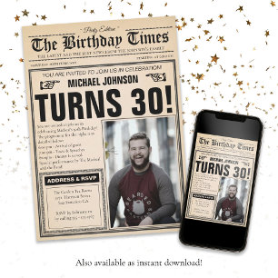 Vintage Newspaper 30th Birthday Fun Custom Photo Invitation