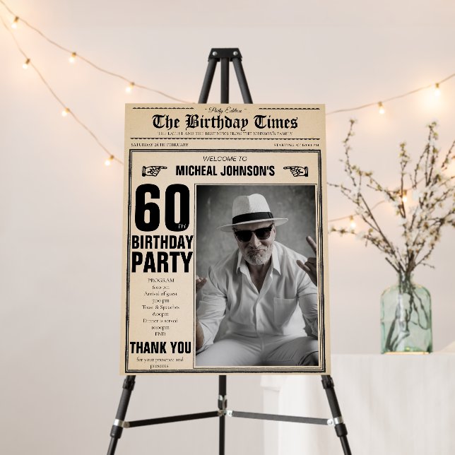 Vintage Newspaper 60th Birthday Custom Welcome Foam Board (In Situ (Stand))