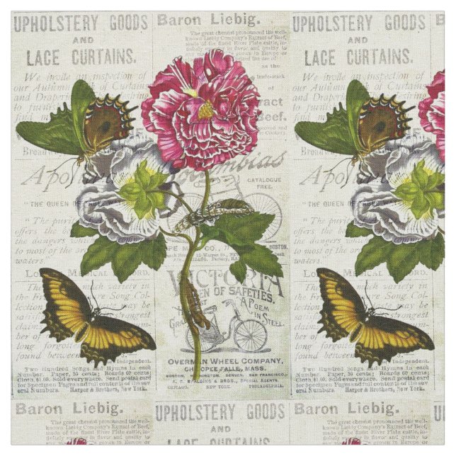 Vintage Newspaper ads and Butterflies and Flowers Fabric (Close Up)