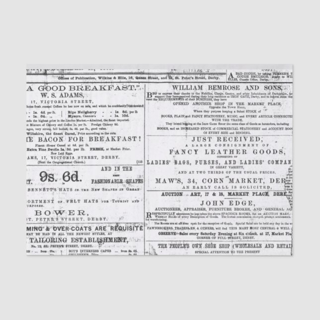 Vintage Newspaper Advertisement Tissue Paper (Front)