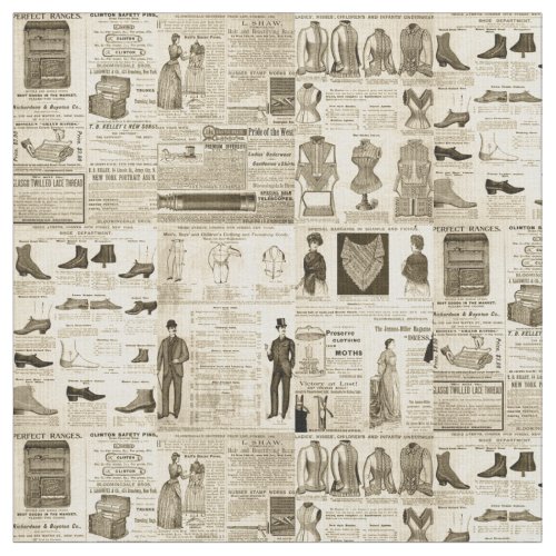 Vintage Newspaper Advertisements Rustic Tiled Fabric