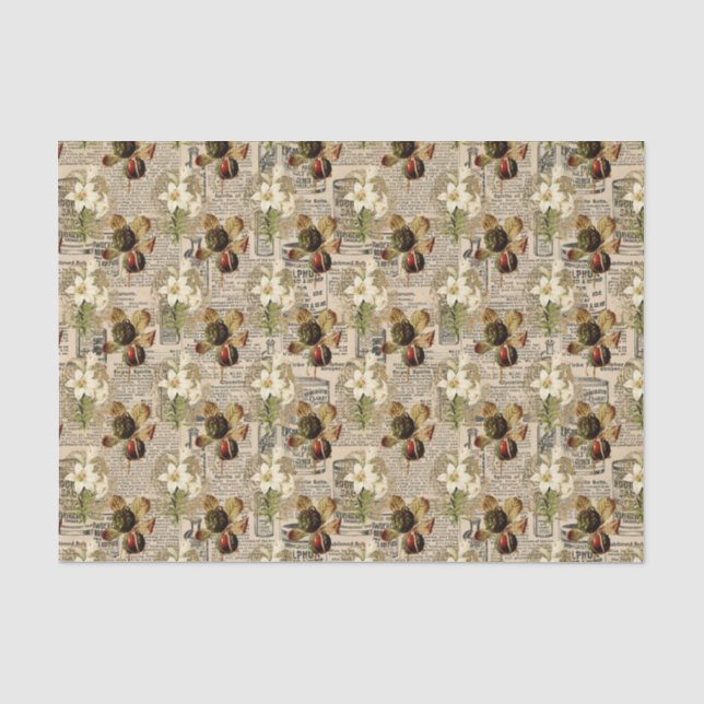 Vintage Newspaper and Berries Tissue Paper (Front)