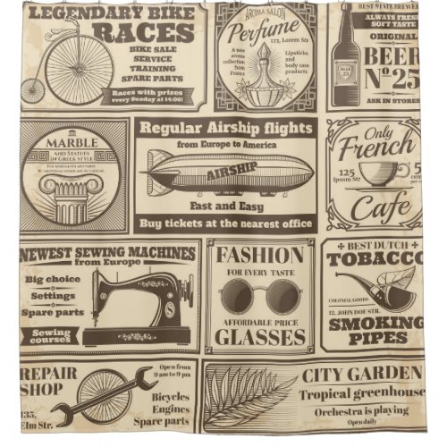 Vintage newspaper banners and advertising labels v shower curtain