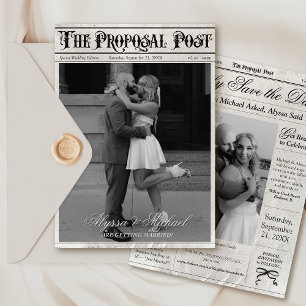 Vintage Newspaper Black and White Photo Wedding Save The Date