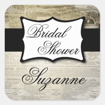 Vintage Newspaper Bridal Shower Square Sticker by itsyourwedding at Zazzle