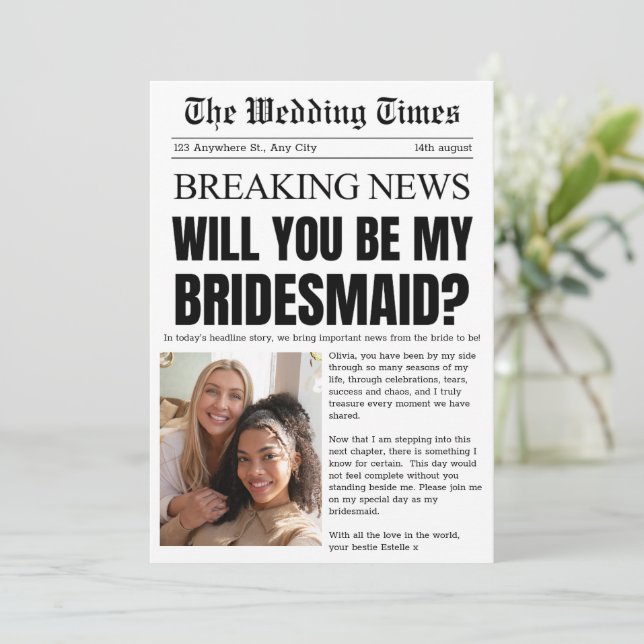 Vintage Newspaper Bridesmaid Proposal Invitation (Standing Front)