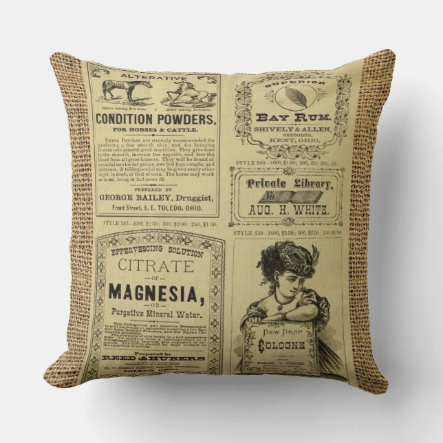 Vintage Newspaper Burlap  Throw Pillow (Front)