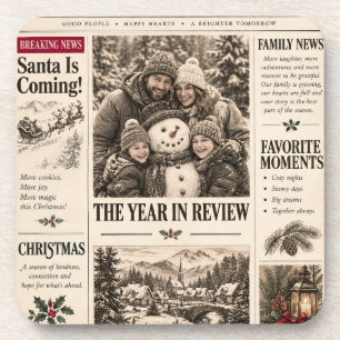 Vintage Newspaper Christmas, Retro Family Holiday Beverage Coaster