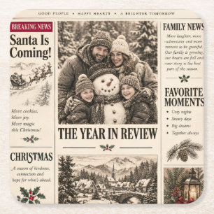 Vintage Newspaper Christmas, Retro Family Holiday Square Paper Coaster