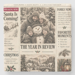 Vintage Newspaper Christmas, Retro Family Holiday Stone Coaster