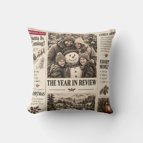 Vintage Newspaper Christmas, Retro Family Holiday Throw Pillow