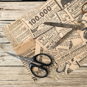 vintage newspaper clippings, rusty scissors tissue paper